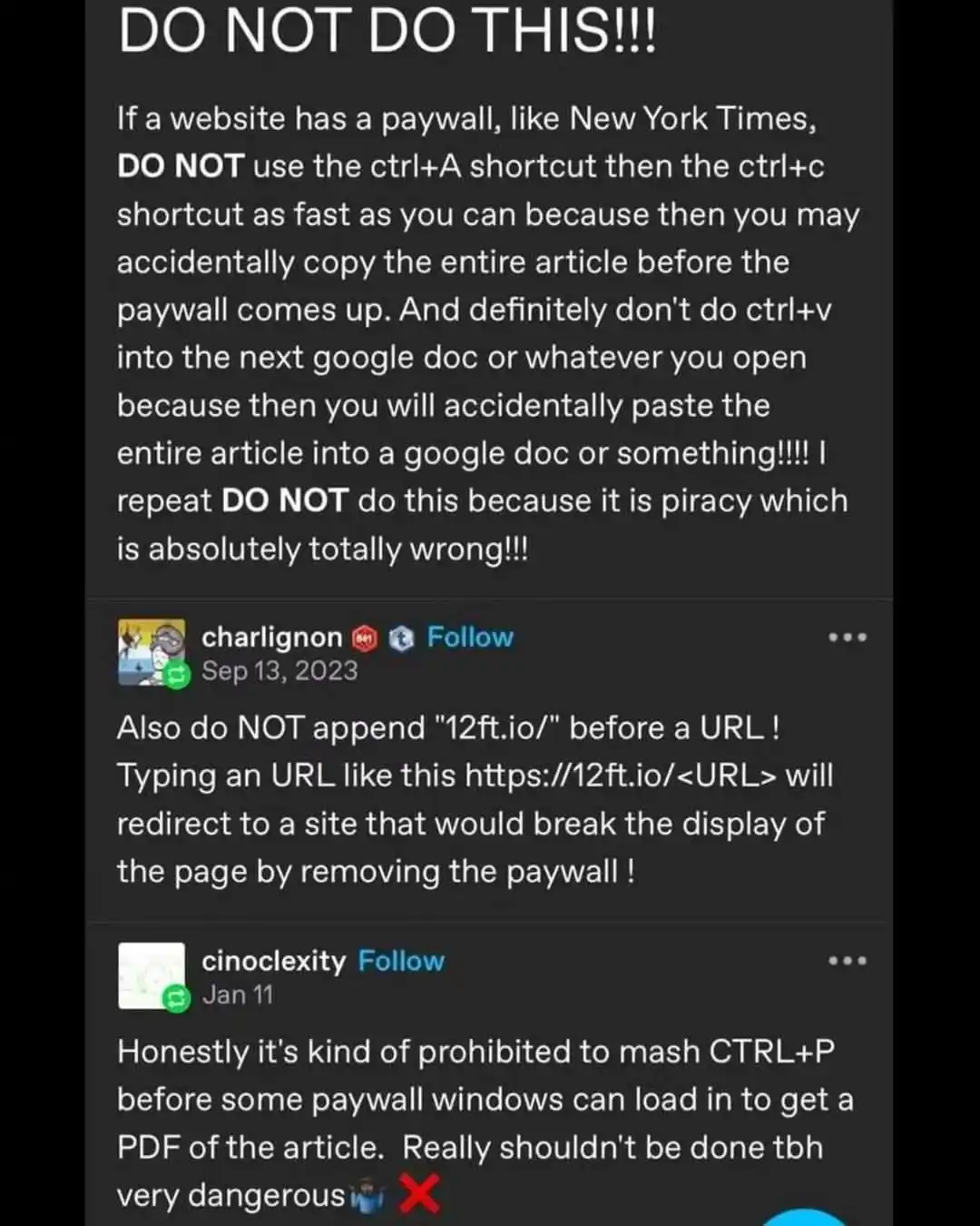 A screenshot of a Reddit thread where users warn against methods to bypass paywalls on websites like the New York Times. The…