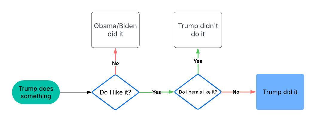 A flowchart starts with 'Trump does something,' then branches based on 'Do I like it?' If 'Yes,' it asks 'Do liberals like…