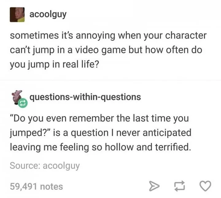 A screenshot of a Tumblr post by user 'acoolguy' asking if it's annoying when a video game character can't jump, then…