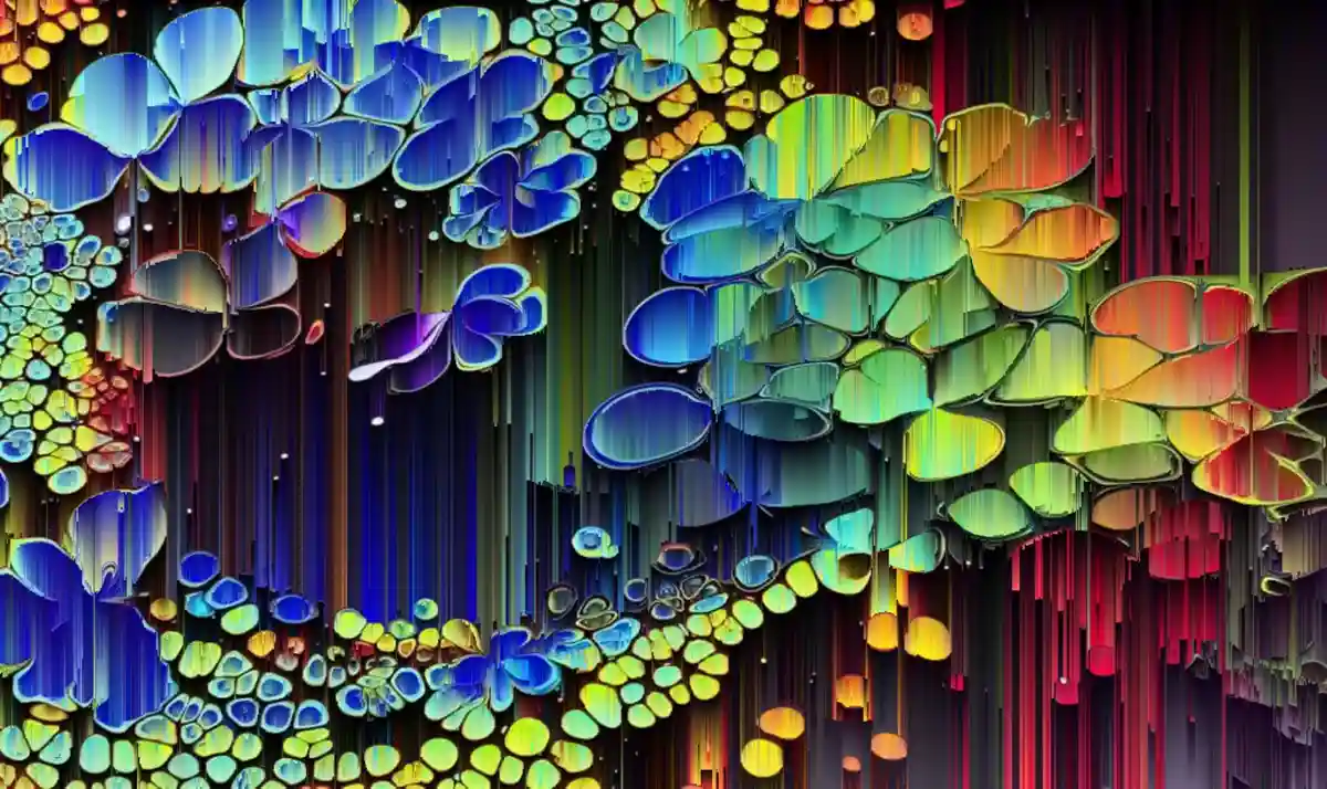 The image displays a vibrant, abstract digital artwork featuring colorful, flower-like shapes with vertical pixelated…