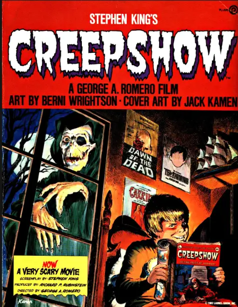 The image is the cover art for Stephen King's Creepshow, featuring a young boy holding a Creepshow comic book while a…