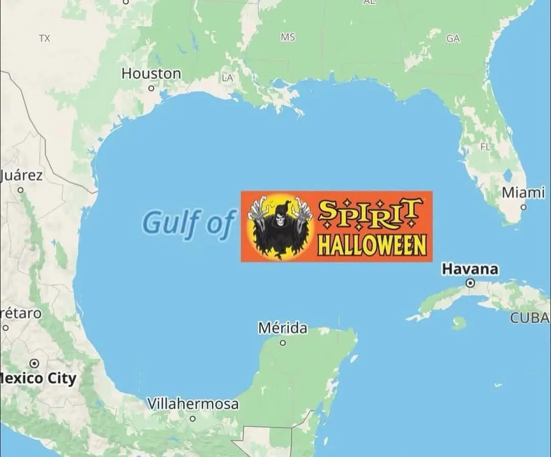 A map of the Gulf of Mexico region with the Spirit Halloween logo superimposed over the gulf, humorously implying the…