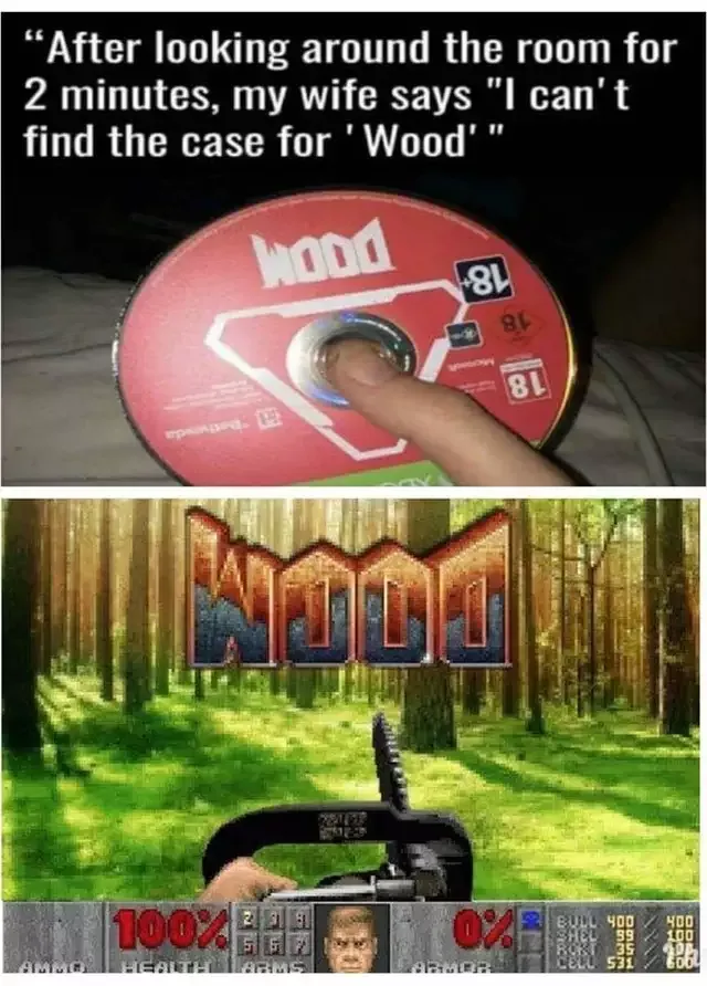 The top panel shows a finger pressing a red game disc labeled 'DOOM' with '18' age rating stickers. The bottom panel shows…