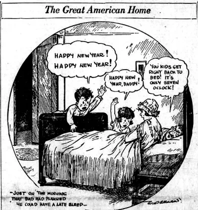 A vintage black-and-white comic strip titled 'The Great American Home' shows a father in bed telling two children to go back…