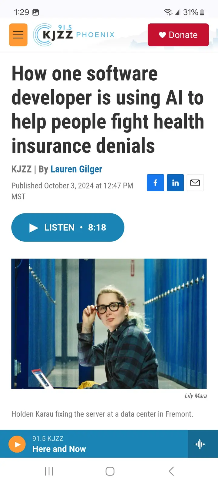 A screenshot of a KJZZ Phoenix news article titled 'How one software developer is using AI to help people fight health…