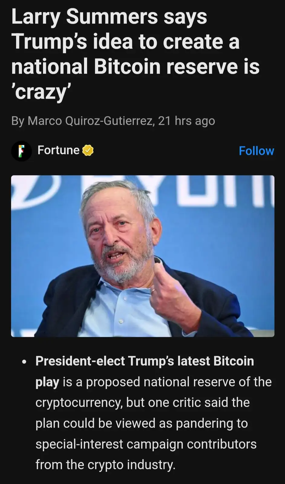 A screenshot of a Fortune article headline showing Larry Summers speaking with a serious expression, overlaid with the text…
