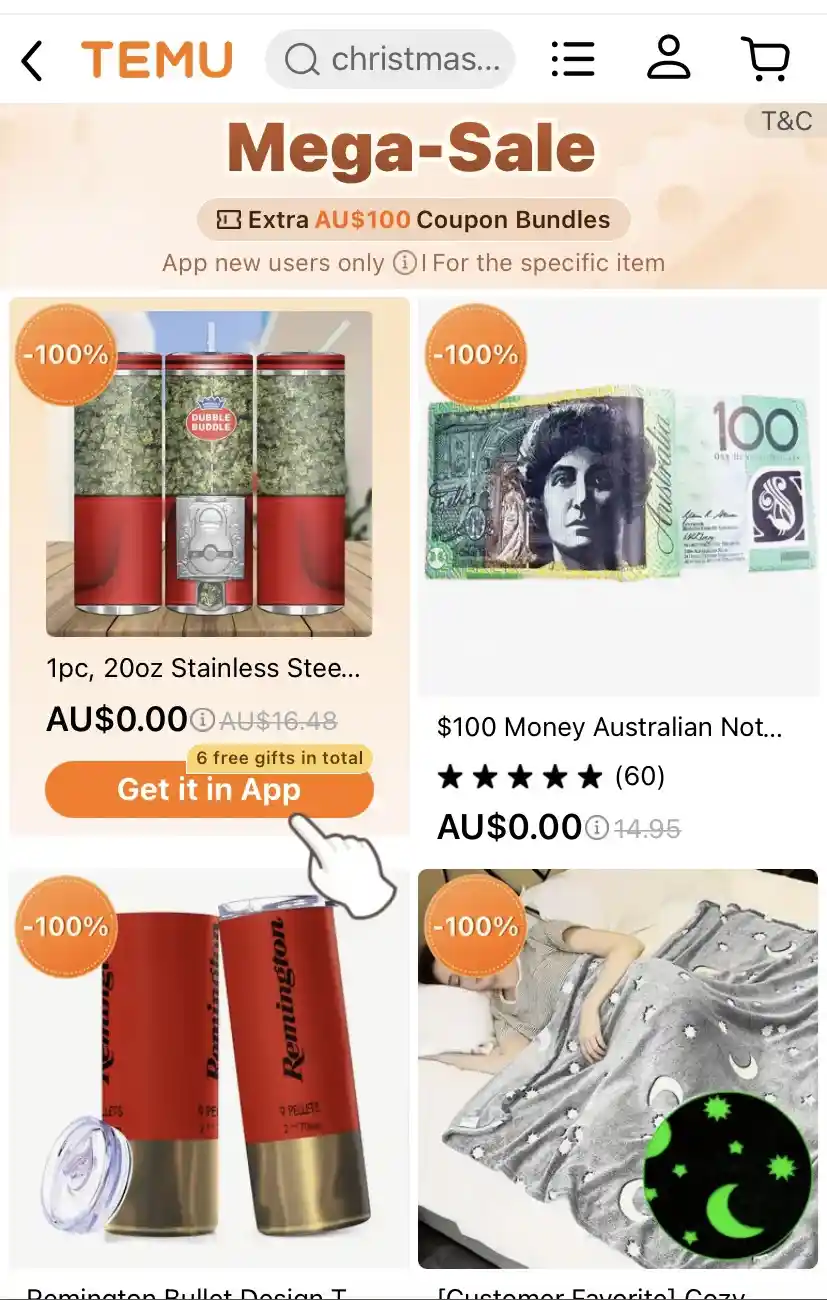 A screenshot of the Temu app's 'Mega-Sale' page showing four products with '-100%' discount stickers: three tumbler cups…