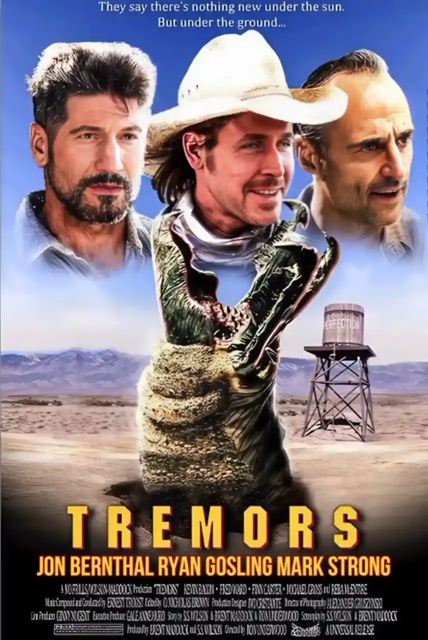 A movie poster for 'Tremors' features three men—Jon Bernthal, Ryan Gosling, and Mark Strong—superimposed over a desert scene…