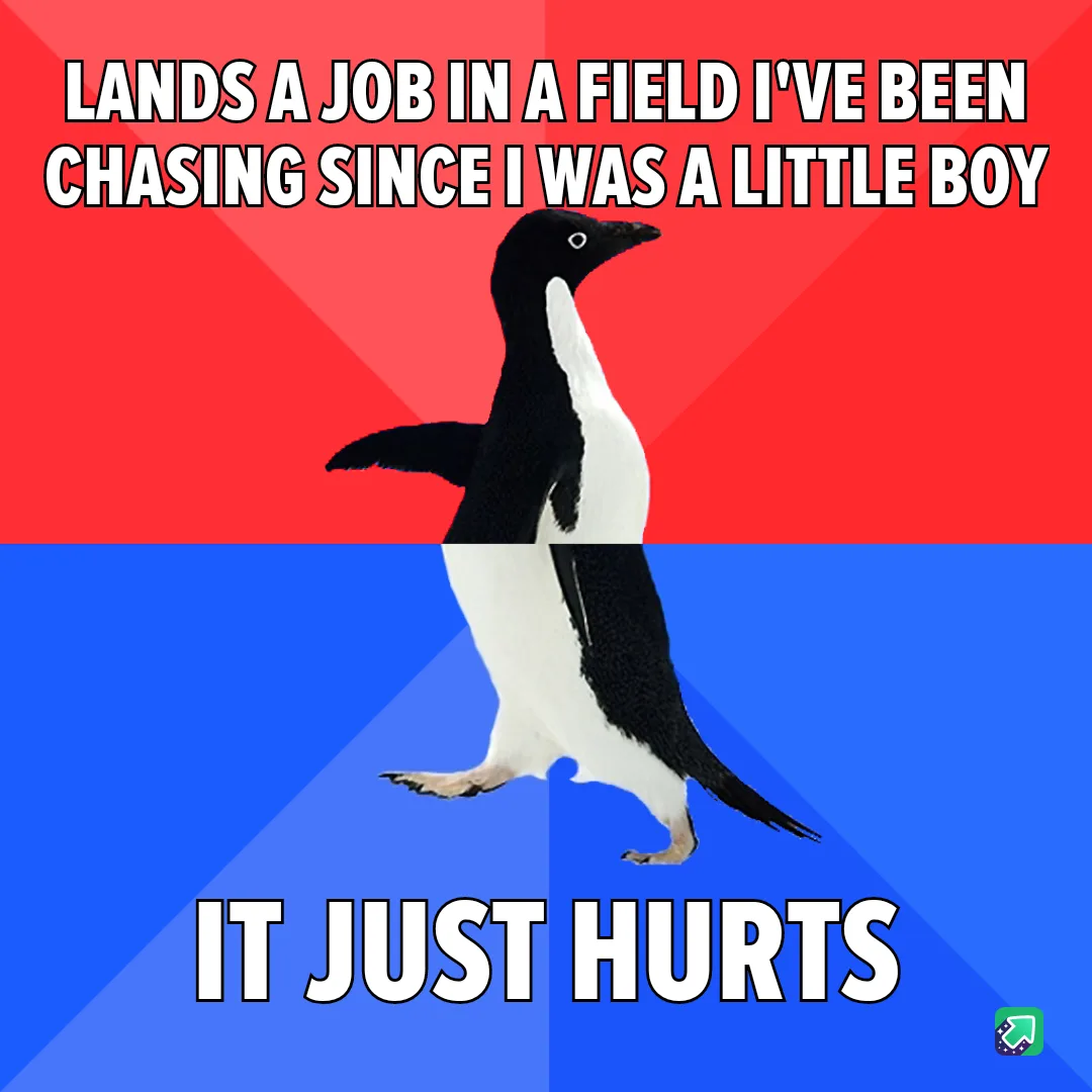 A black-and-white penguin stands centered against a red-and-blue background, with bold white text above reading 'LANDS A JOB…