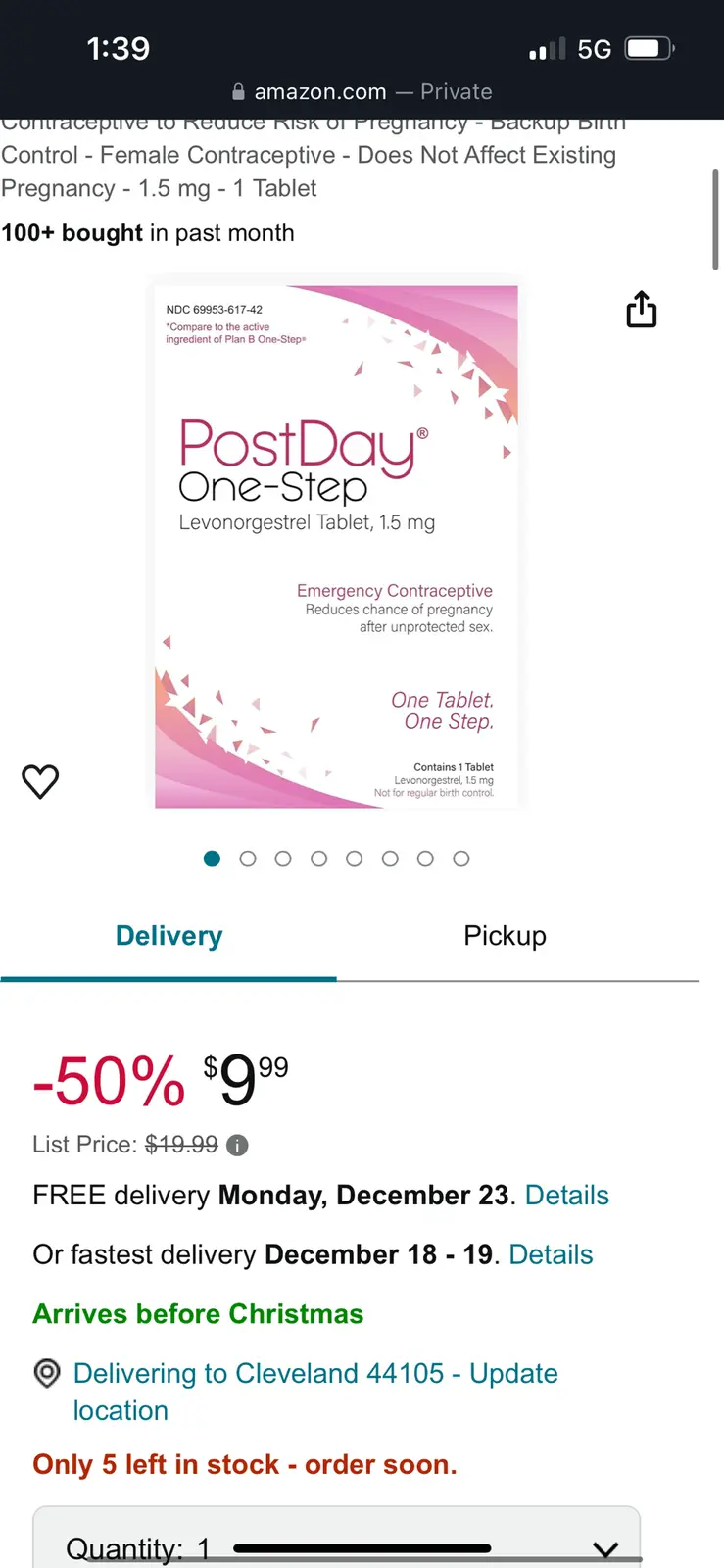 An amazon.com product page for 'PostDay One-Step' emergency contraceptive, showing its packaging, a 50% discount to $9.99…