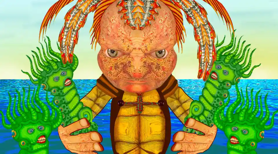 A surreal digital artwork depicts a grotesque, coral-textured humanoid figure with orange feather-like hair and a stern…