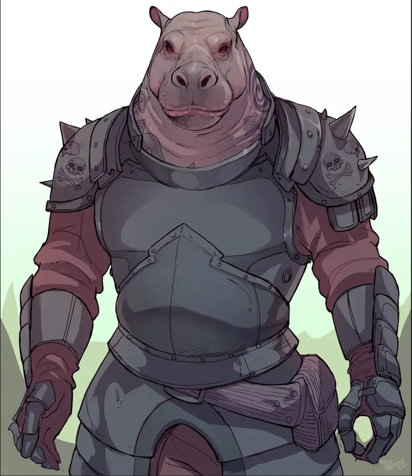 A cartoon hippopotamus wearing full dark grey medieval armor with spiked pauldrons and skull-and-crossbones emblems…