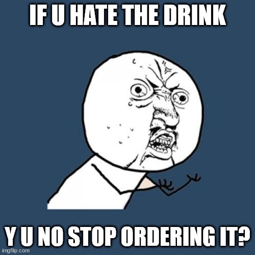 A cartoon drawing of the 'Y U NO' meme character with an angry, frustrated expression, set against a solid blue background…