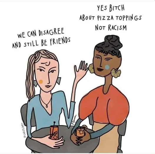 Two women sit at a table with drinks, one says 'we can disagree and still be friends' while the other waves and responds…