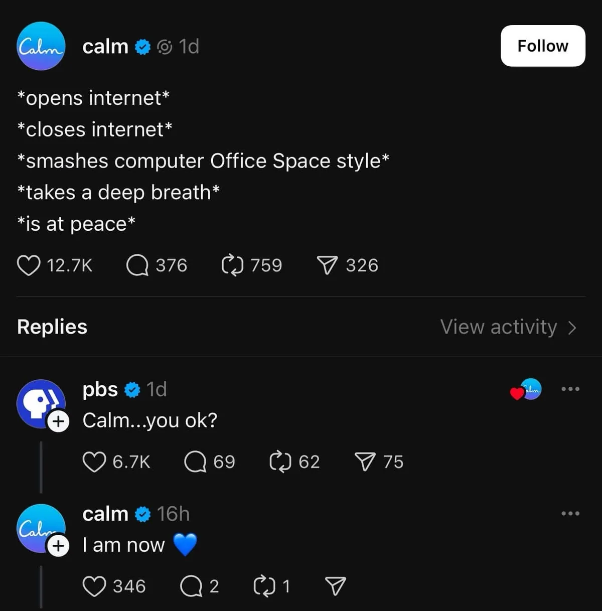 An Instagram post from the verified account 'calm' shows a text post listing actions like opening and closing the internet…