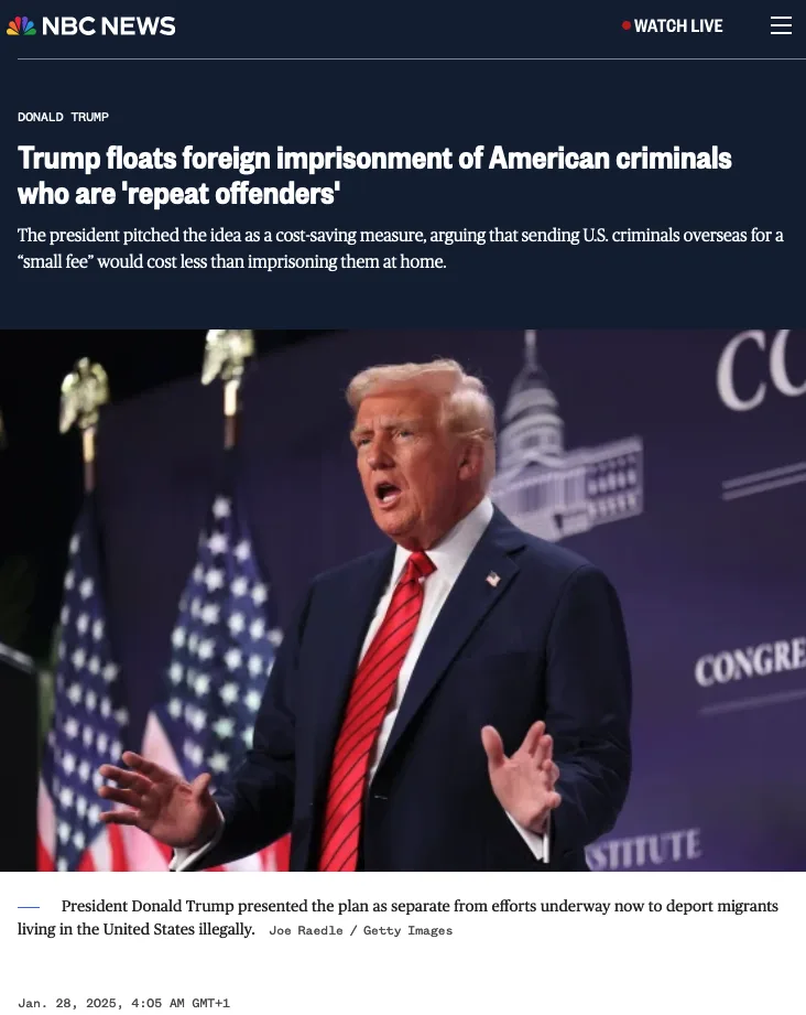 A screenshot of an NBC News article from January 28, 2025, featuring a photo of Donald Trump speaking at a podium with…