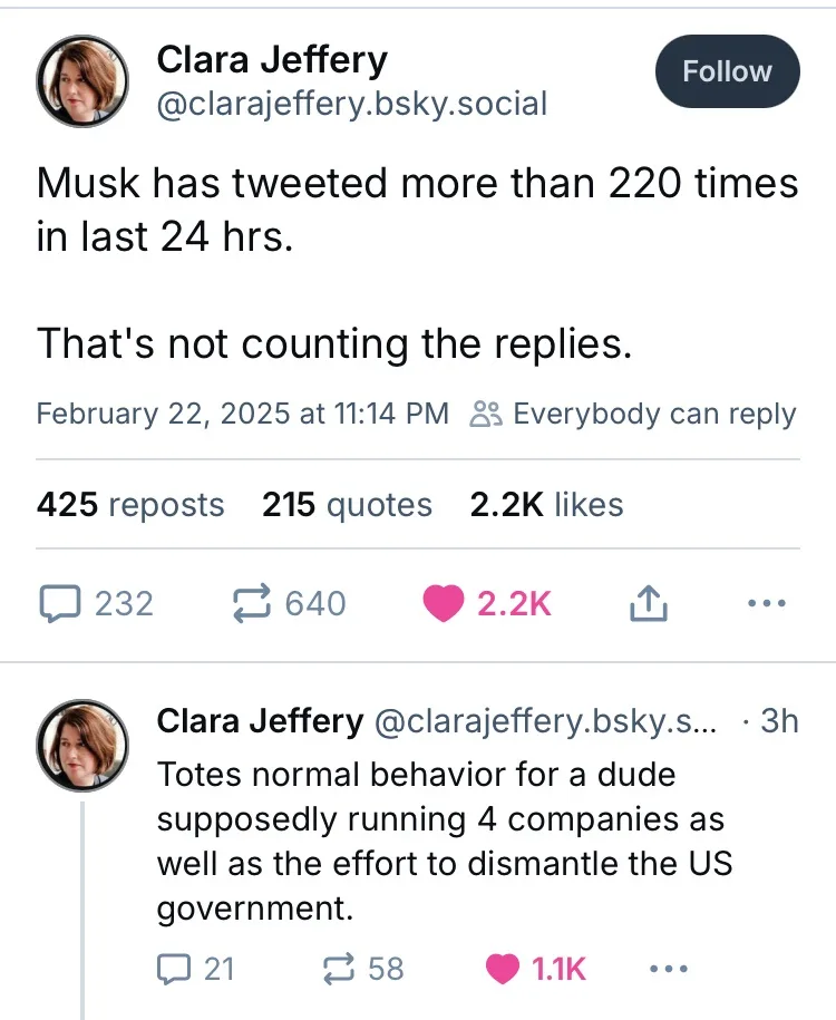 A screenshot of a social media post by Clara Jeffery showing that Elon Musk tweeted over 220 times in 24 hours, not counting…