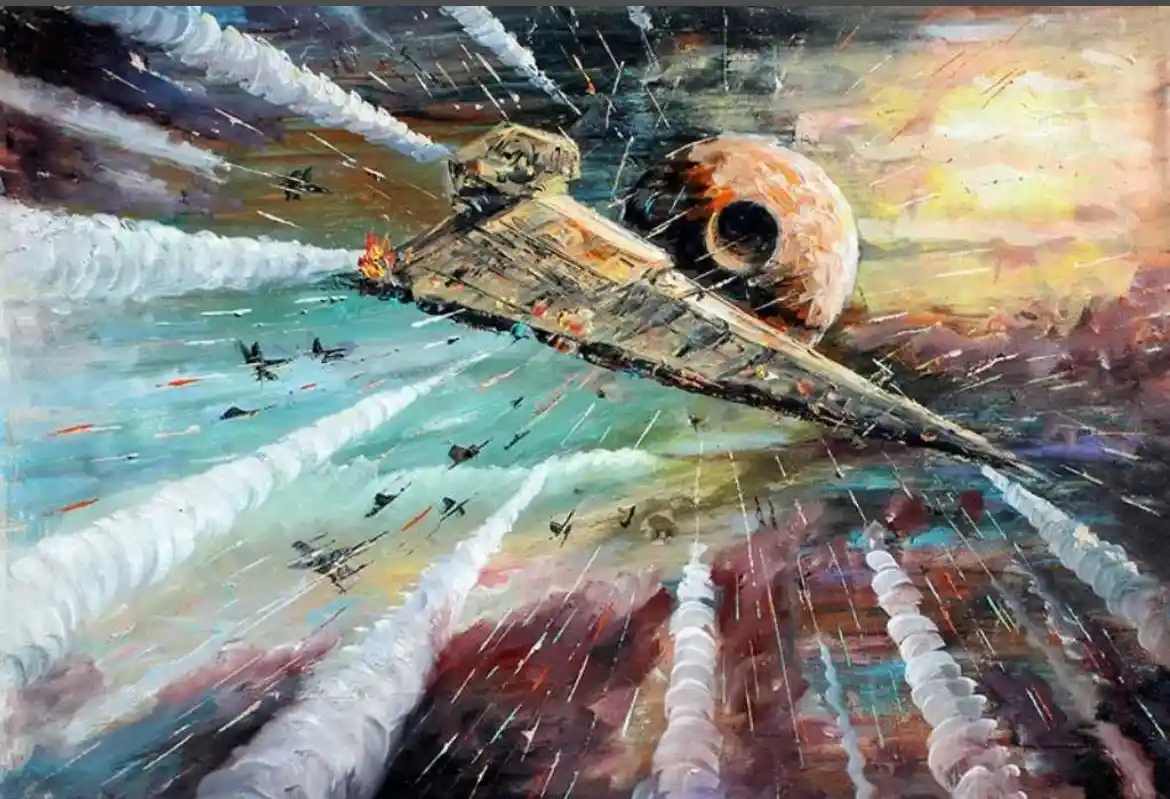 A dramatic, painterly depiction of a Star Wars space battle featuring a Death Star and a Star Destroyer amidst explosions…