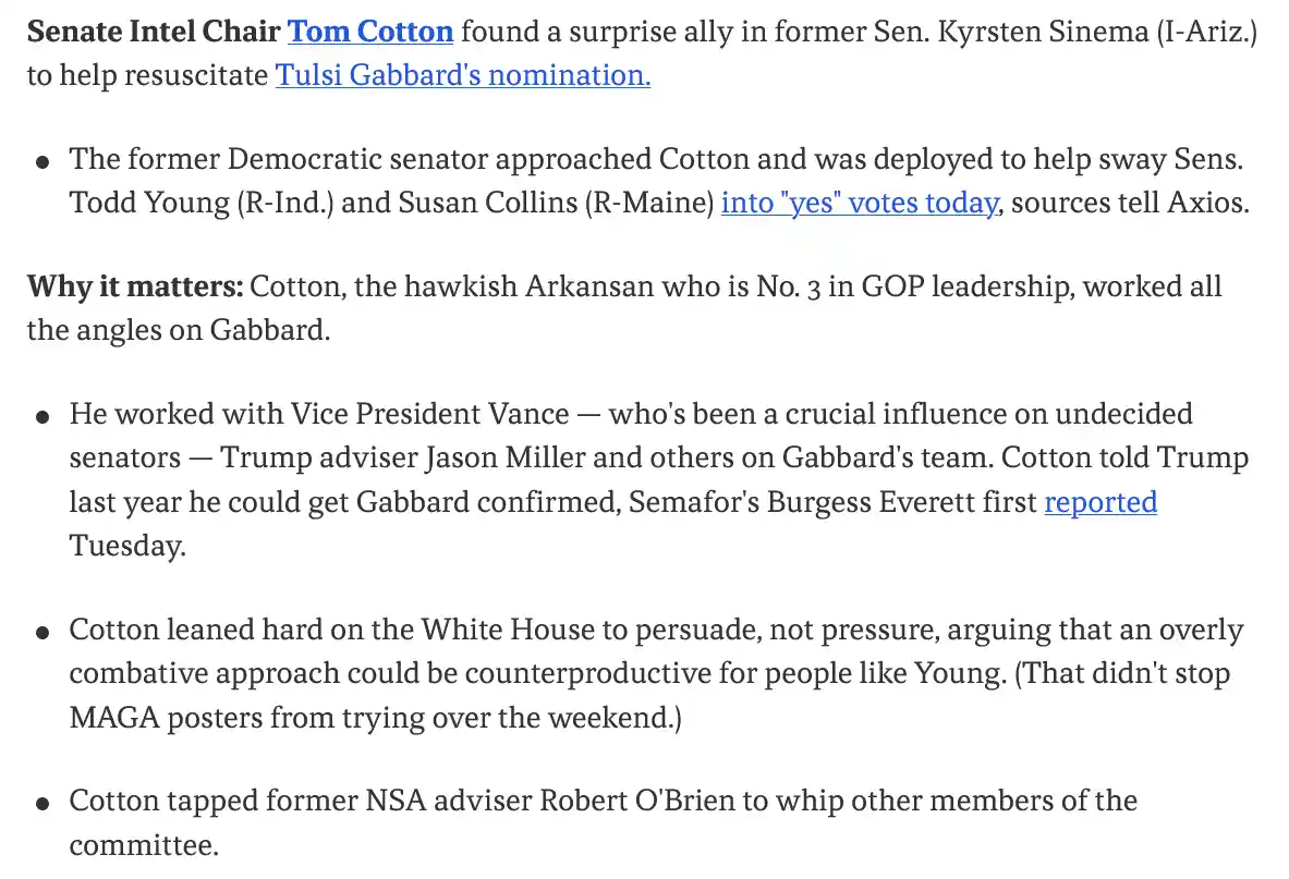 The image is a screenshot of a news article with black text on a white background, detailing how Senate Intel Chair Tom…