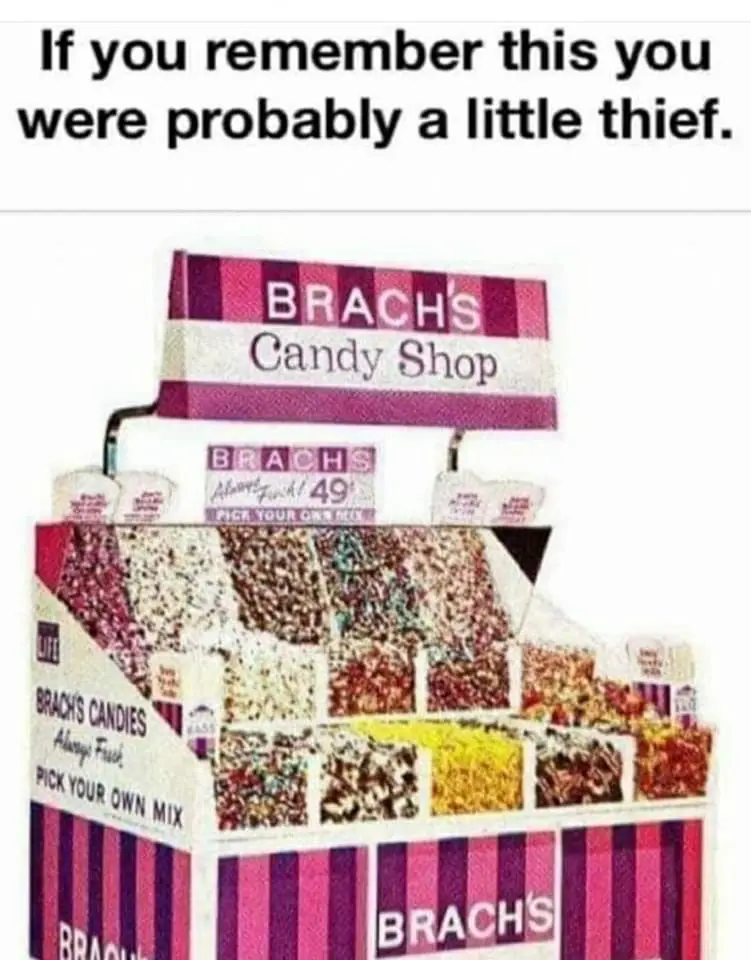 An image of a vintage Brach's Candy Shop 'Pick Your Own Mix' display case filled with colorful candy assortments. The top of…