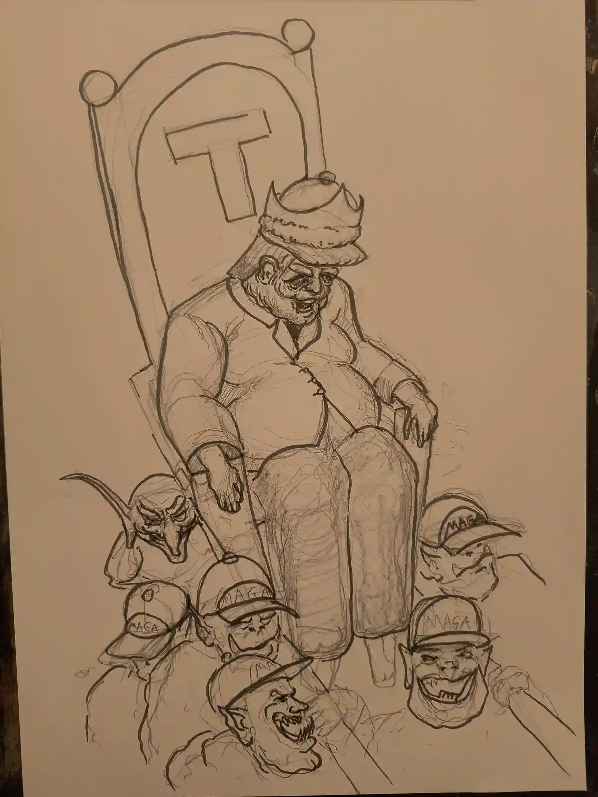 A pencil sketch shows a caricatured man wearing a crown and sitting on a throne with a large 'T' on its backrest, surrounded…