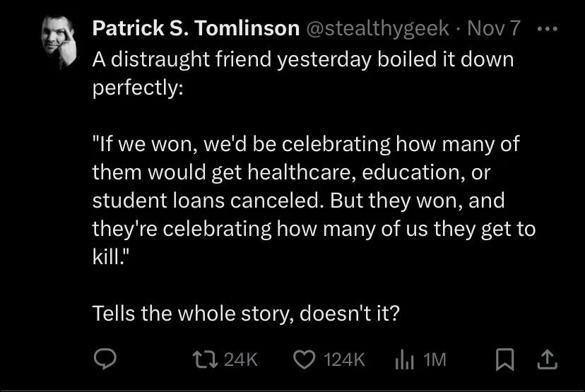 A screenshot of a tweet by Patrick S. Tomlinson showing a quote from a 'distraught friend' about political victory…