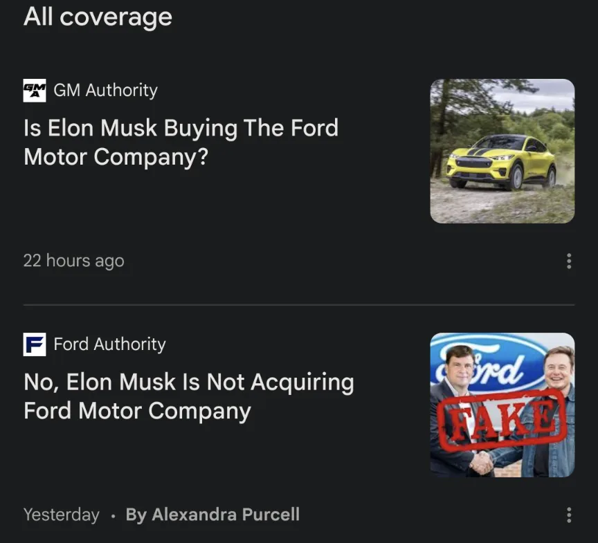 A screenshot of two news articles side-by-side. The top article from GM Authority asks 'Is Elon Musk Buying The Ford Motor…
