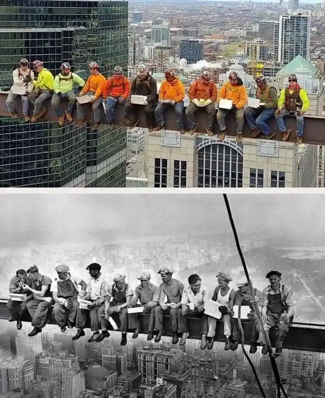The image is a two-panel meme: the top panel shows modern construction workers in safety gear sitting on a steel beam high…