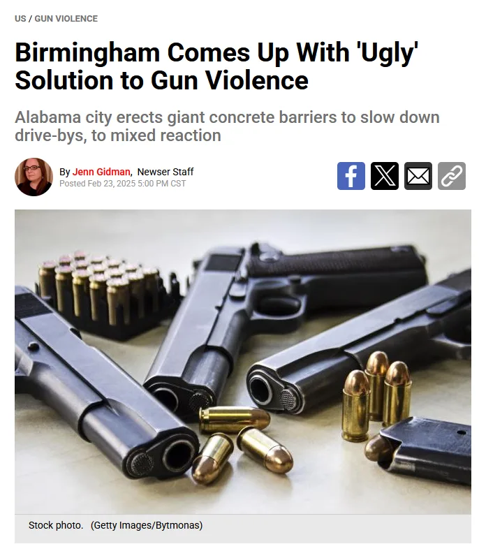 A stock photo shows three handguns and scattered bullets on a light surface, overlaid with a news headline reading…