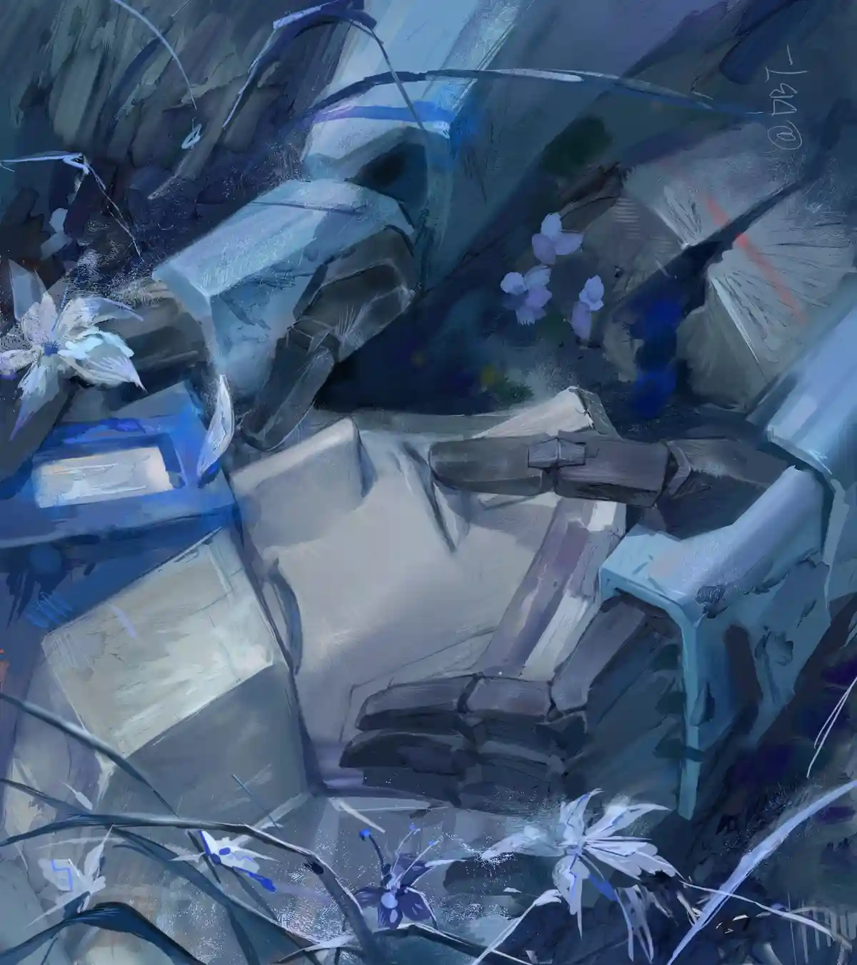 An abstract digital painting depicts a fragmented, stylized humanoid figure lying down amidst blue and gray brushstrokes…