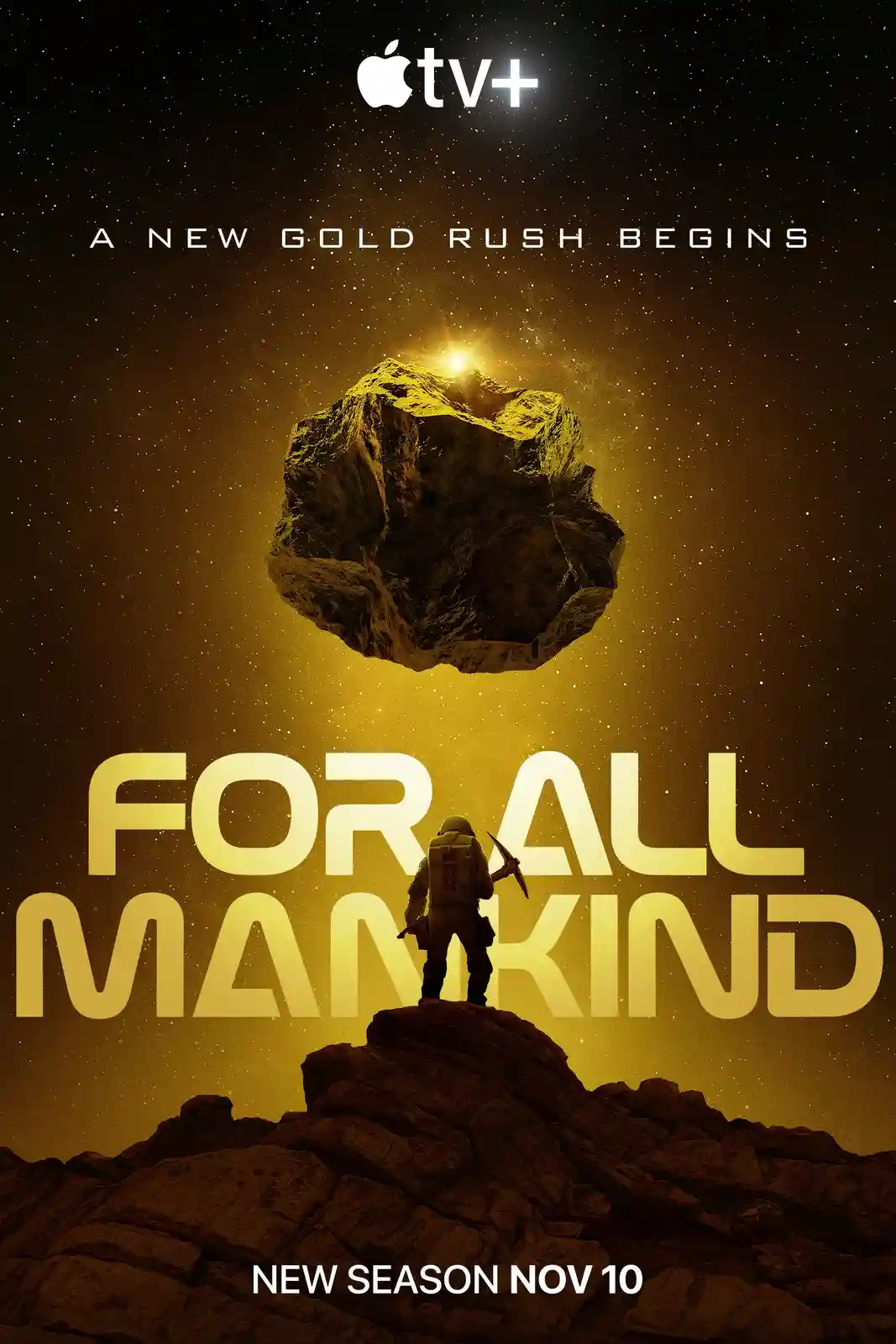 A promotional poster for Apple TV+'s 'For All Mankind' shows a lone astronaut in a spacesuit standing on a rocky outcrop…