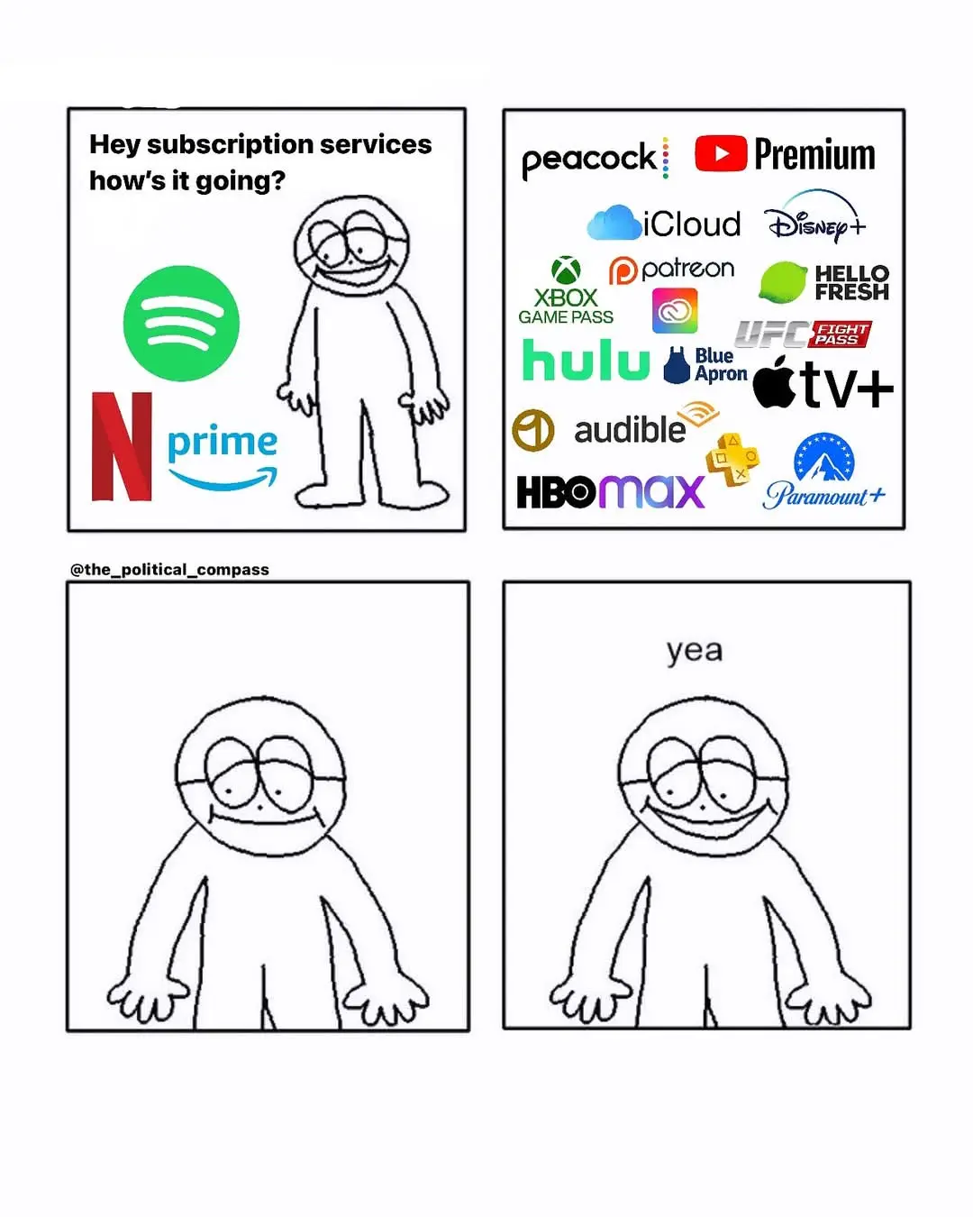 A four-panel comic featuring a simple stick-figure character. In the first panel, the character asks subscription services…