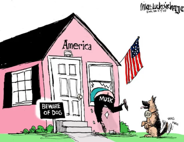 A cartoon shows a pink house labeled 'America' with an American flag and a 'Beware of Dog' sign. A German Shepherd dog…