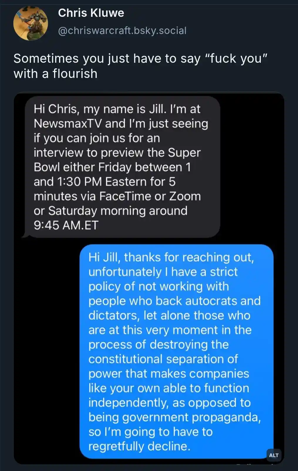 A screenshot of a text message conversation shows Jill from NewsmaxTV inviting Chris Kluwe to a Super Bowl interview. Chris…