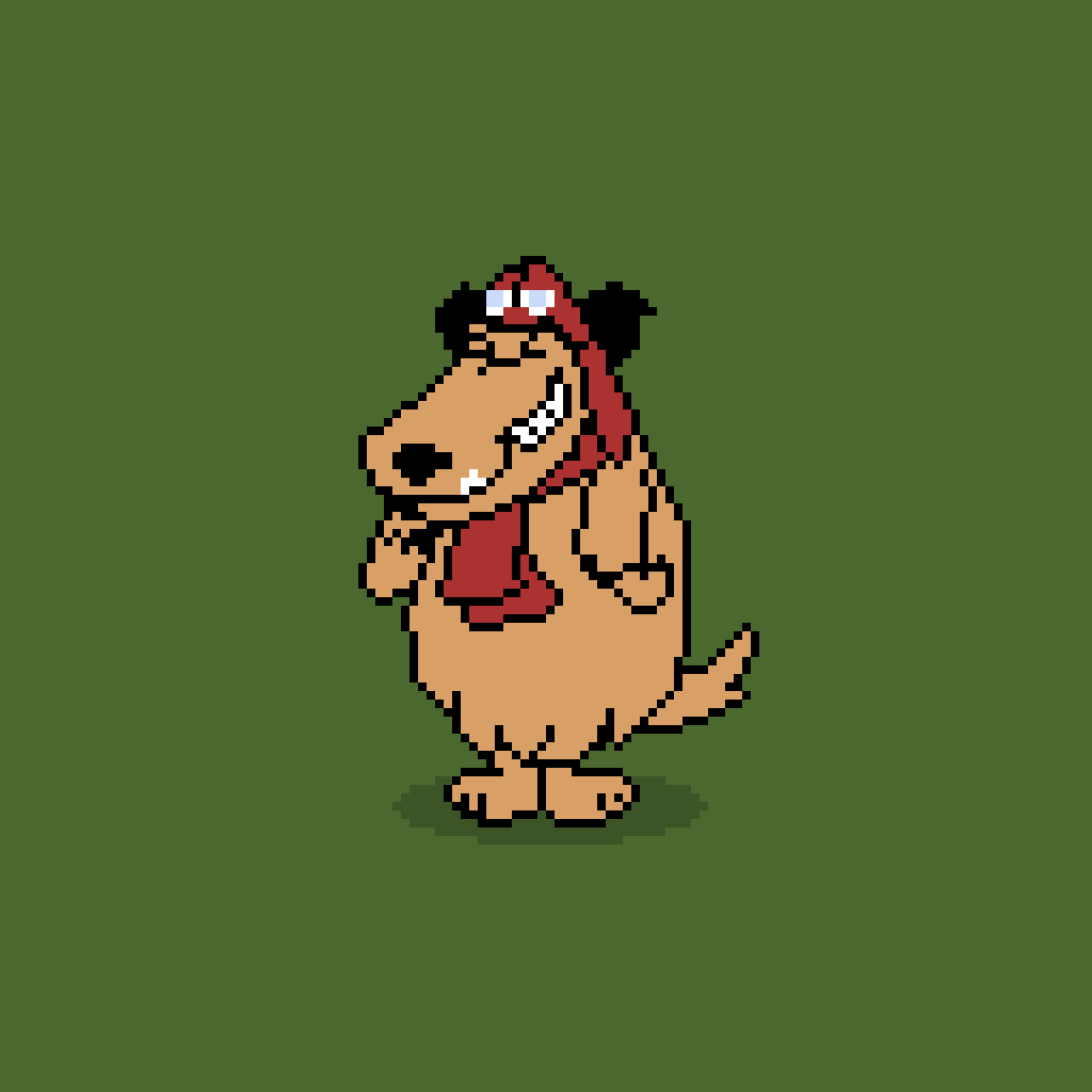 A pixelated, tan-colored cartoon dinosaur with a red scarf and black hair stands against a solid green background. The…