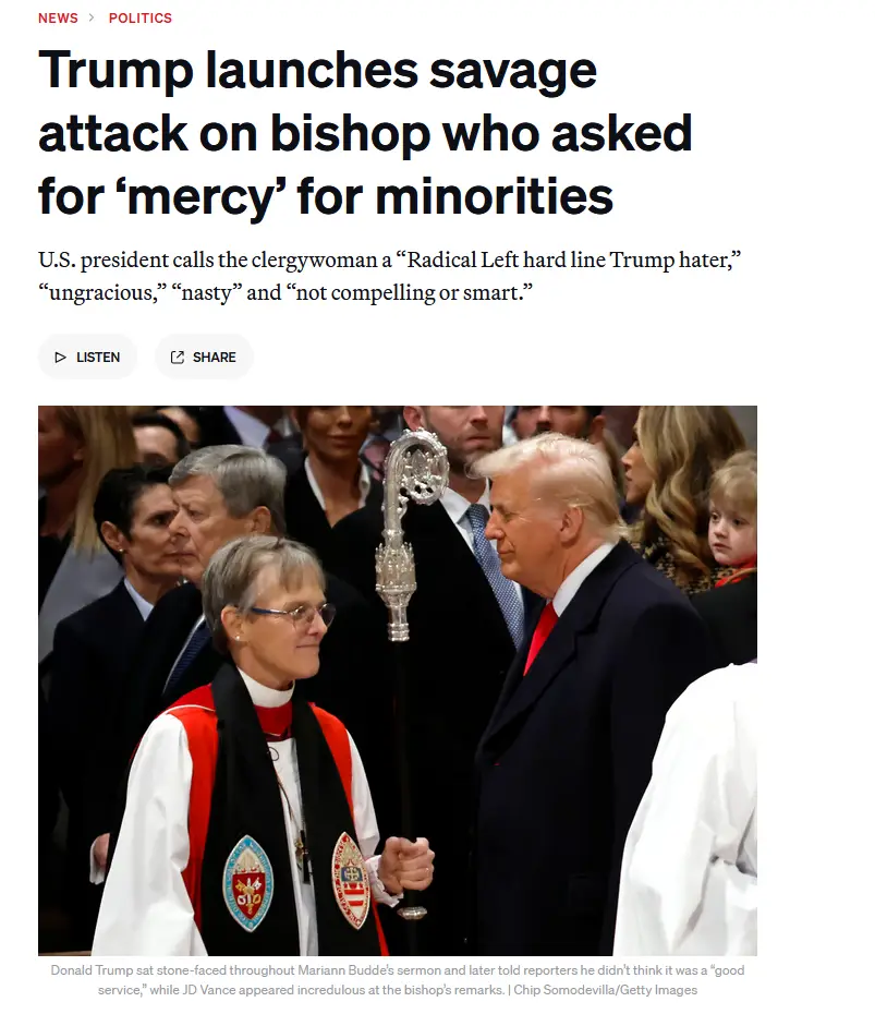 A screenshot of a news article shows Donald Trump standing beside a bishop holding a staff, with the headline 'Trump…