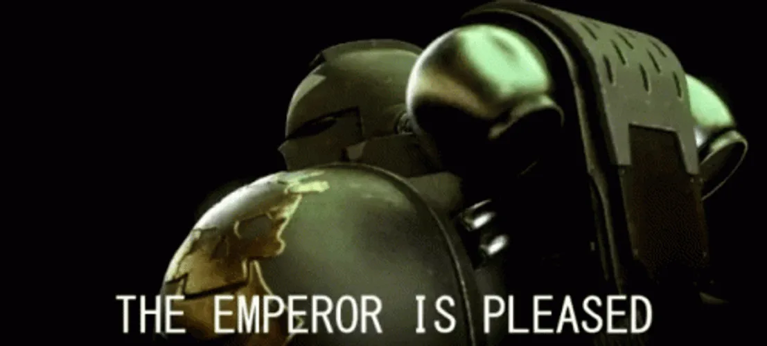 Three panels show a space marine in dark armor turning to face the camera, each with the text 'THE EMPEROR IS PLEASED'…