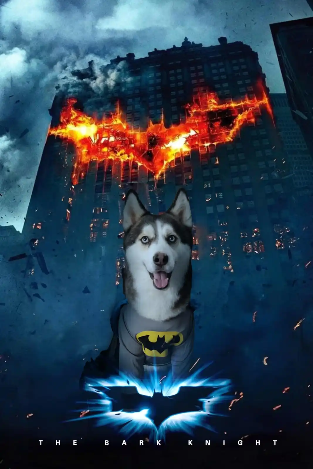 A husky dog wearing a Batman costume stands in front of a burning skyscraper with a fiery Batman logo on its side. The dog…