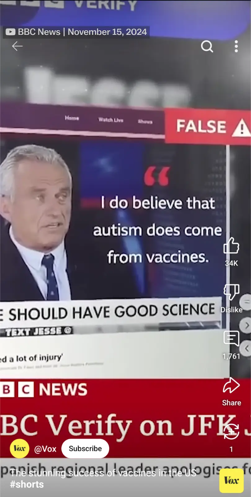 A screenshot of a BBC Verify video from November 15, 2024, shows a man in a suit speaking. Overlaid text quotes him saying…