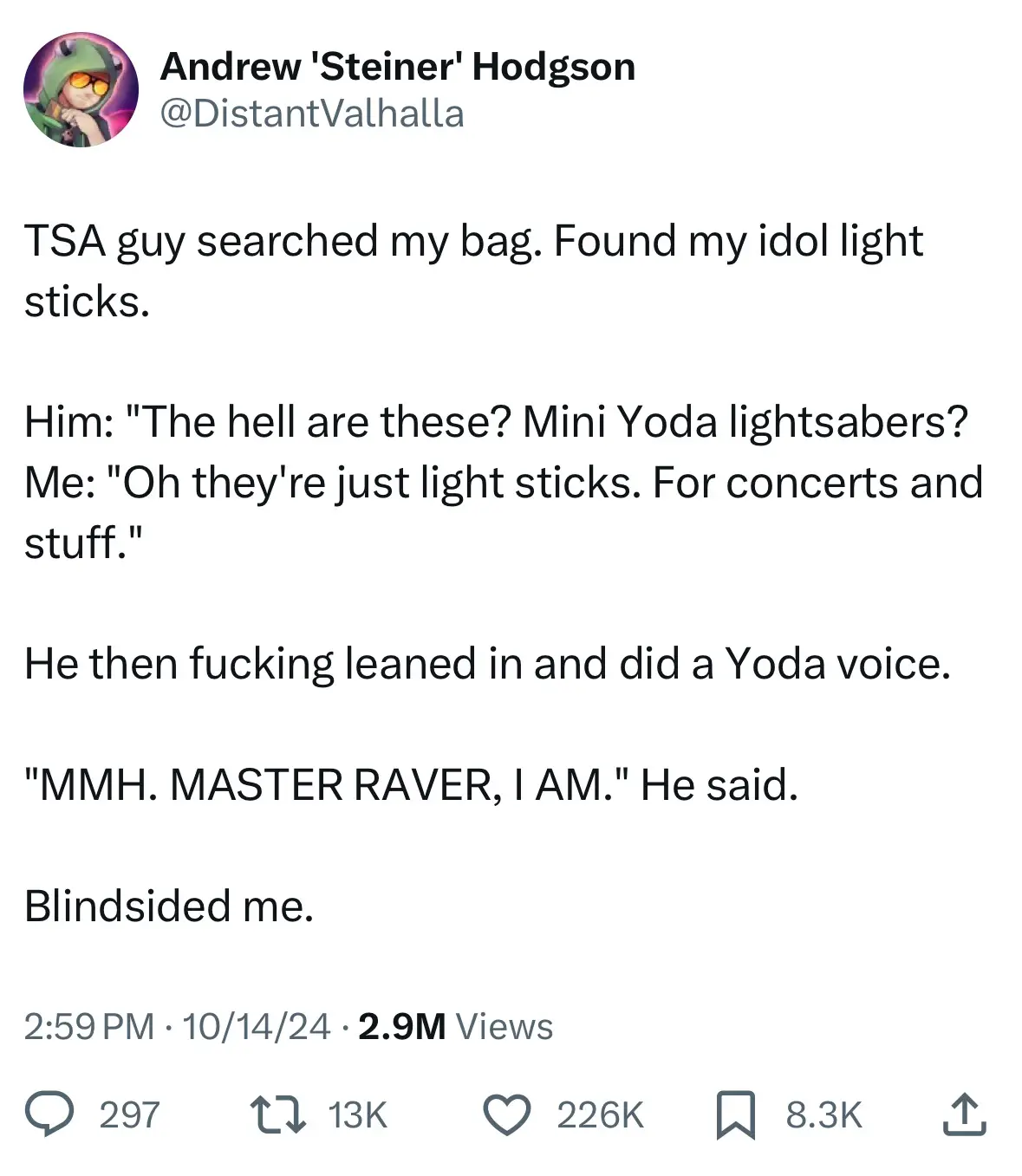 A screenshot of a tweet by Andrew 'Steiner' Hodgson (@DistantValhalla) describing a humorous encounter with a TSA agent who…