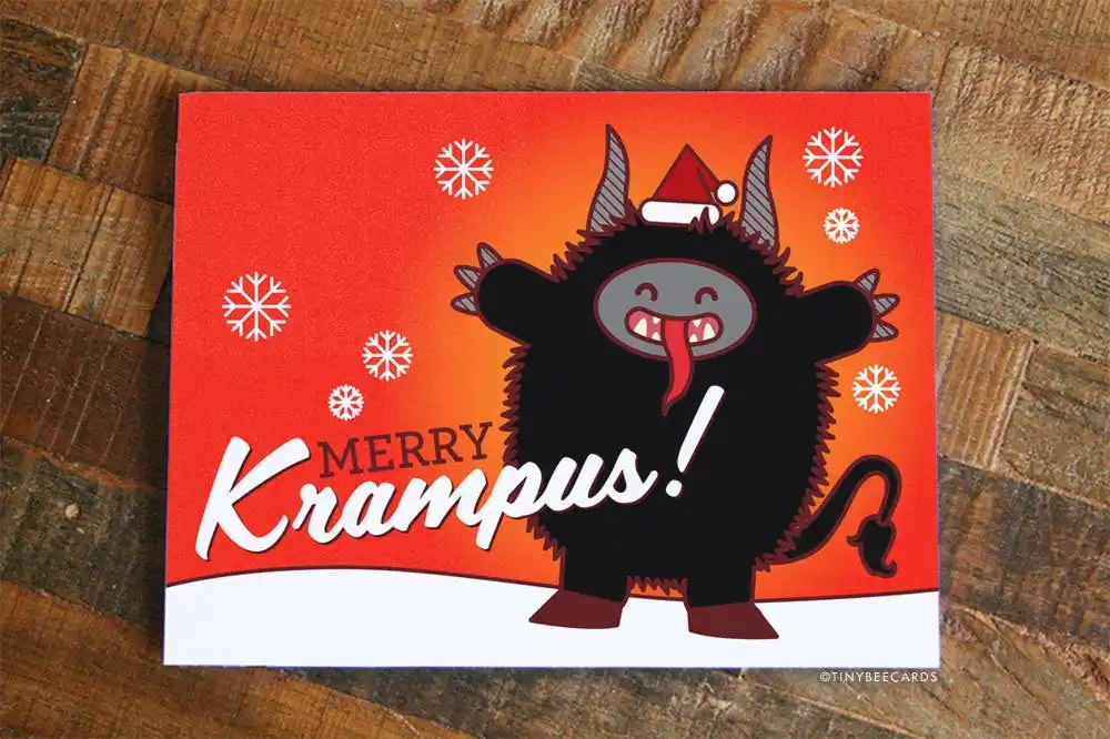 A festive holiday card features a cartoon Krampus, a horned, furry black demon with a red tongue and sharp teeth, wearing a…