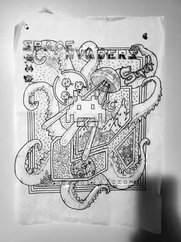 A black-and-white hand-drawn illustration on paper pinned to a wall, depicting a chaotic, surreal collage of 'Space…