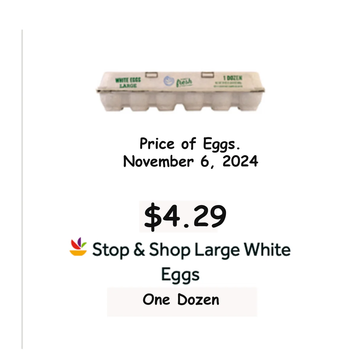 An image of a standard cardboard egg carton labeled 'WHITE EGGS LARGE' and '1 DOZEN' is shown above text that reads 'Price…