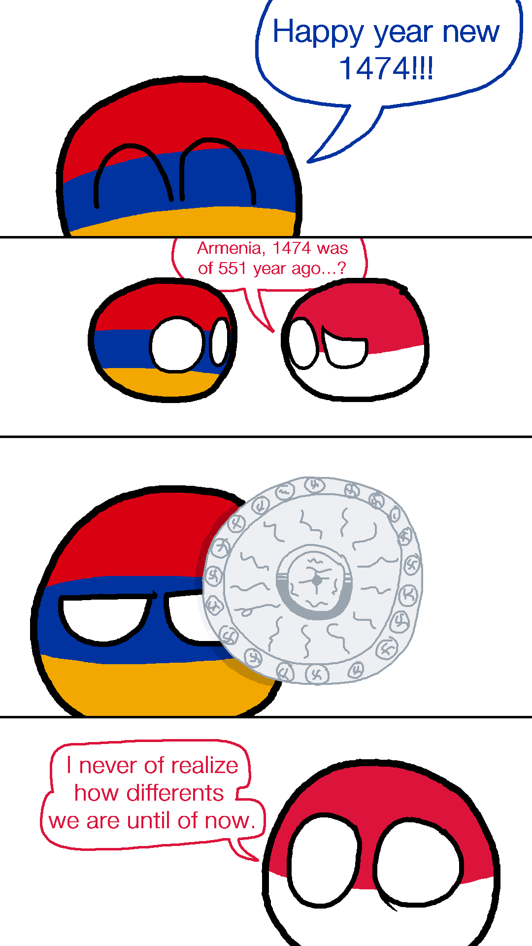 A four-panel cartoon depicts two country personified as spheres with their national flags. The first panel shows an Armenian…