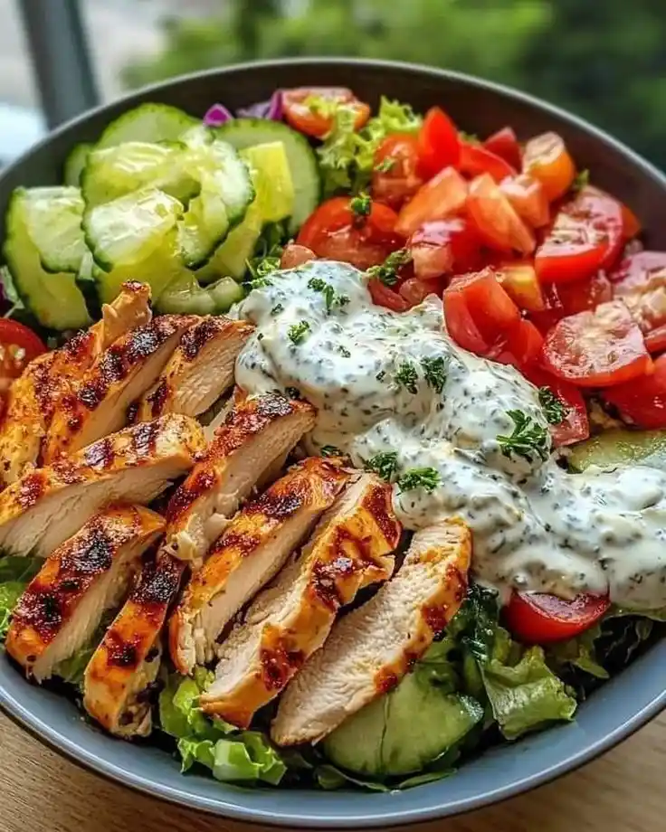 A close-up photo of a colorful, appetizing salad bowl filled with sliced grilled chicken, chopped tomatoes, sliced…