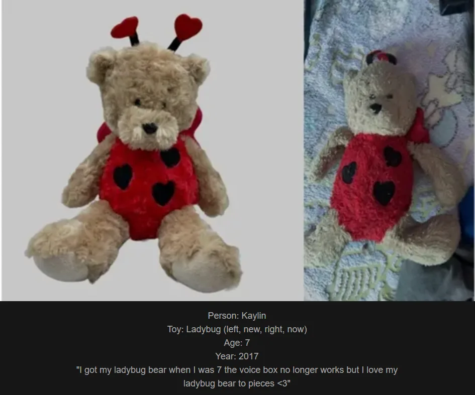 The image shows a split view of a ladybug-themed teddy bear. On the left, the bear is new, sitting upright against a plain…