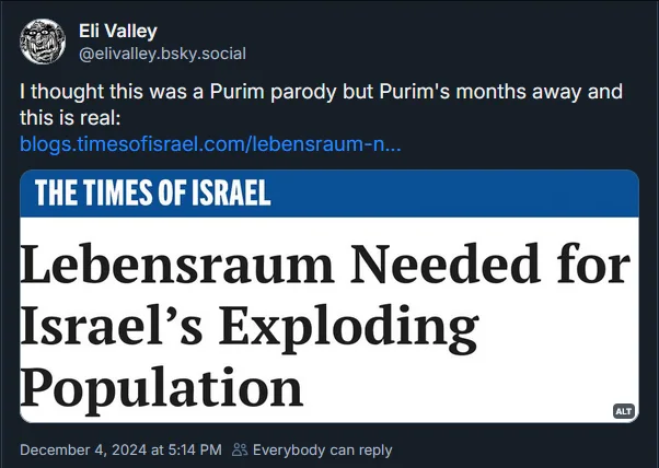 A screenshot of a tweet from Eli Valley (@elivalley.bsky.social) shows a Times of Israel article headline reading…