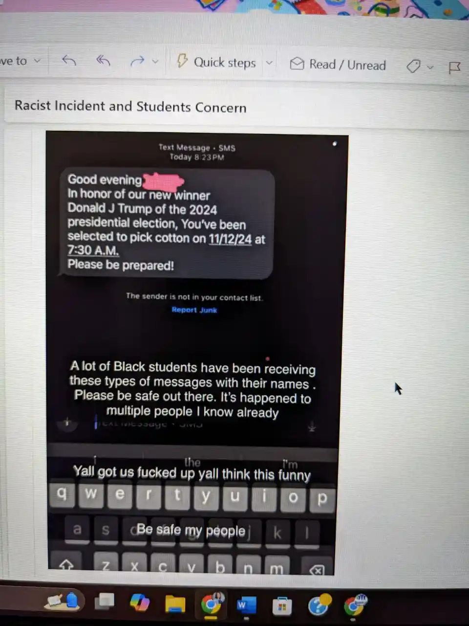 A screenshot of a phone's text messaging app shows a racist text message claiming the recipient has been selected to pick…