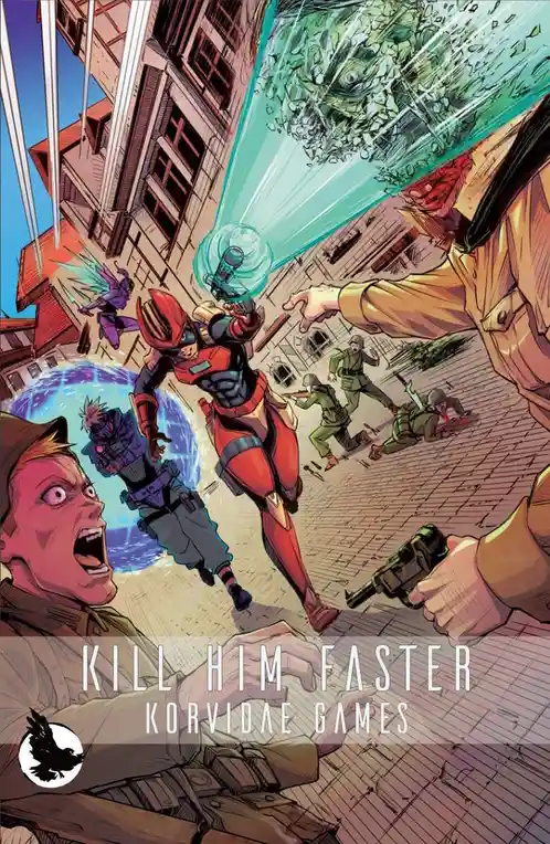 A comic book panel depicts a chaotic urban battle scene with multiple characters: a central red-suited hero firing a glowing…