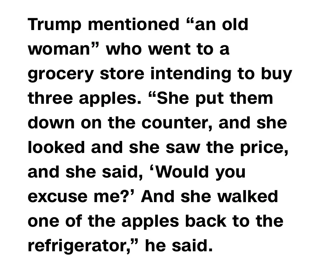 The image is a plain white background with black text that recounts a story attributed to Trump about an old woman buying…